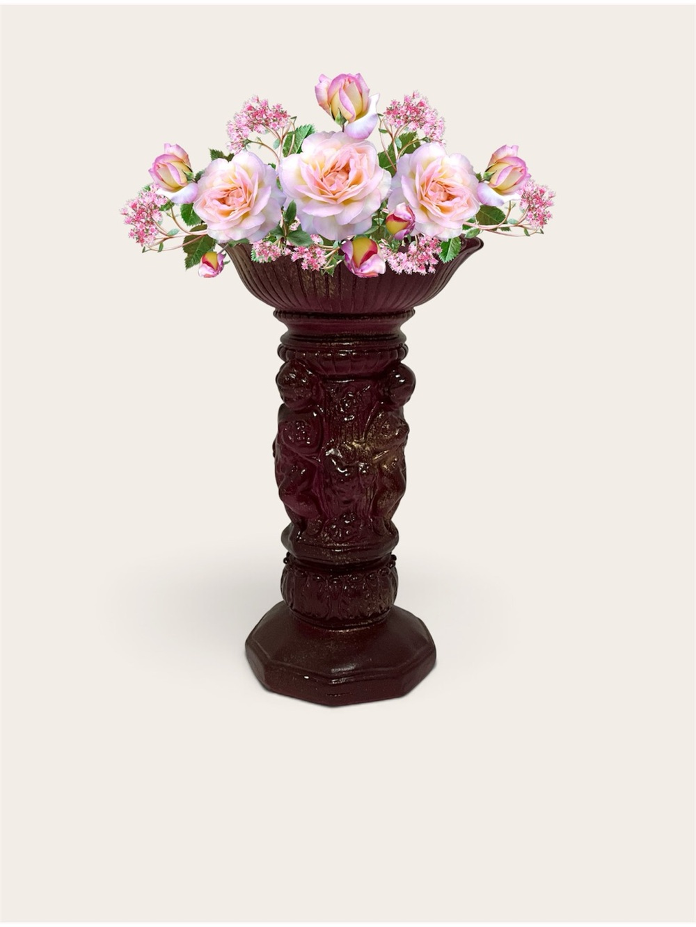 Vintage Ruby Ceramic Pedestal with Cherub Detail – 11” Tall